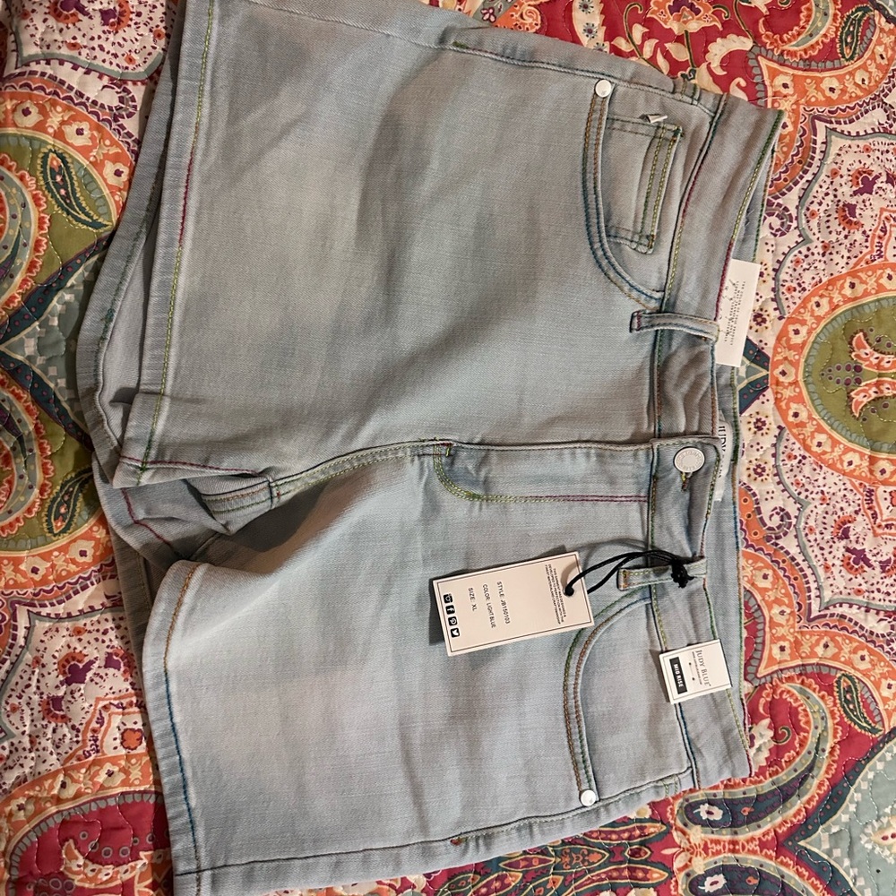 Judy Blue Light Blue Denim Shorts with Rainbow Stitching